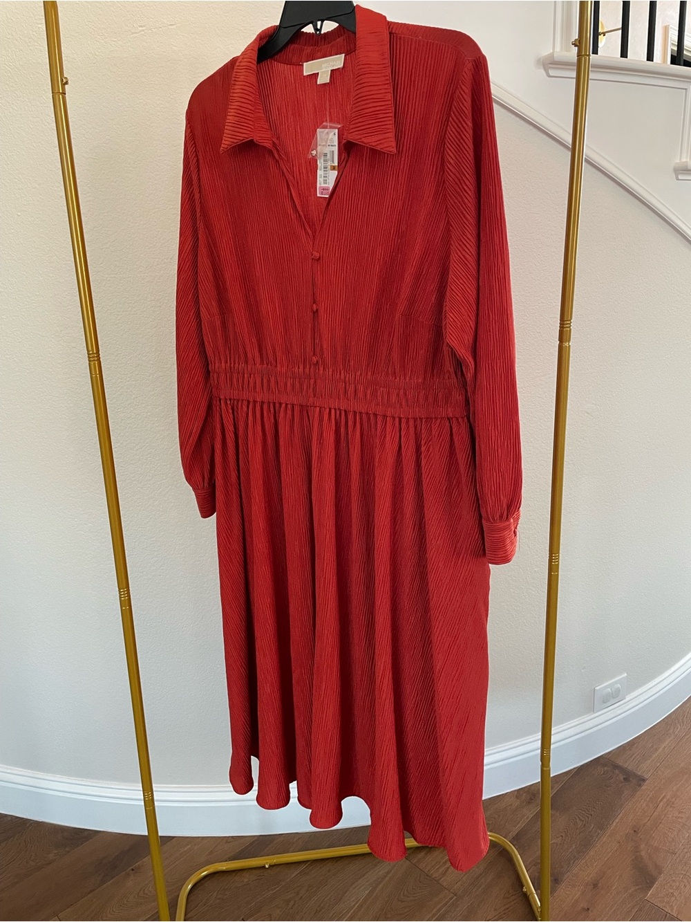 Michael Kors Fall Orange Collared Long Sleeve Midi Dress